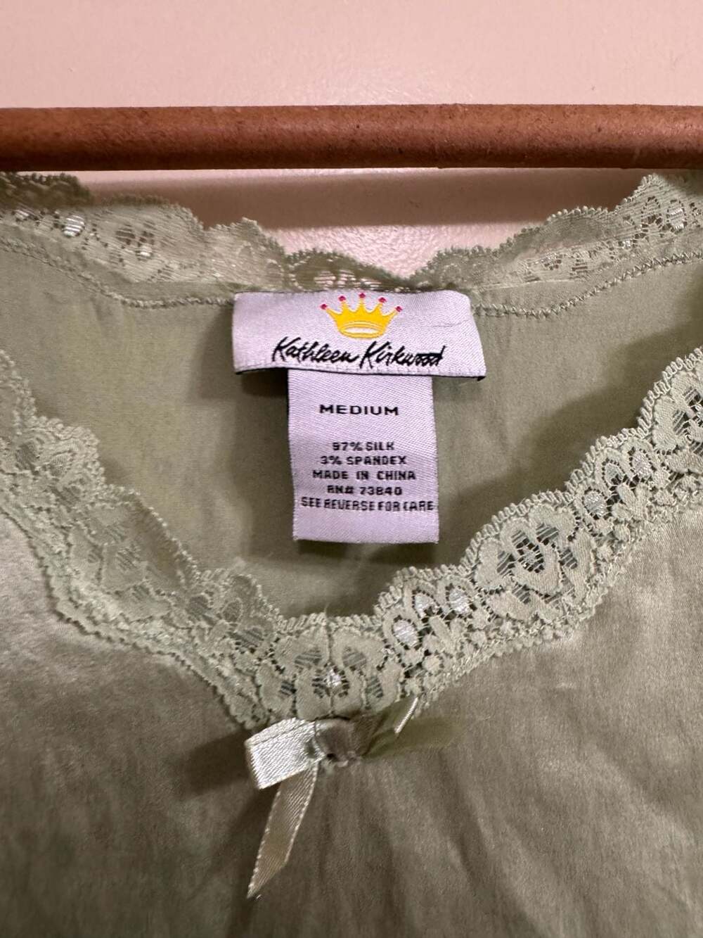 Kathleen Kirkwood Sage Green Silk Spandex Lace Trim Tank Top - Picture 3 of 5